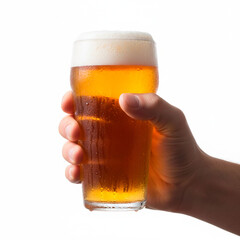 A low-angle shot of a hand holding a condensation-covered, frosty glass of golden beer with a frothy head, against a clean white background.