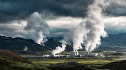 Dramatic geothermal power plant plumes rise against a moody, cloud-filled sky over a rugged, green landscape