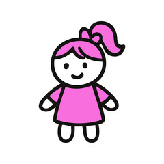 Cute cartoon girl in pink dress with pigtails