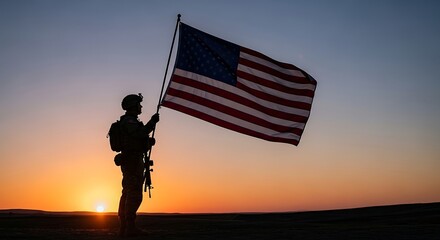 A Soldier Silhouetted Against the Sunset, Holding the American Flag - A Tribute to Patriot Day 9/11