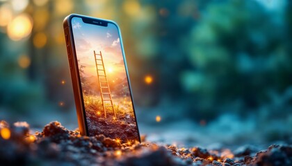 Ladder growing out of a smartphone screen, digital era opportunities
