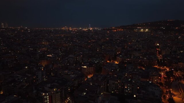 night time illumination barcelona cityscape aerial panorama 4k spain