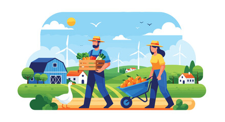 Flat style illustration of farmers carrying fresh vegetables and fruits on a sustainable farm with barn, wind turbines, and green fields, symbolizing organic farming and eco-friendly agriculture