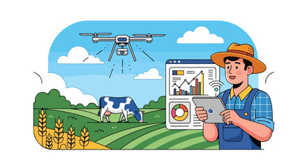 Flat style illustration of a farmer using a tablet and drone technology to monitor crops and livestock, symbolizing smart farming, innovation, and sustainable agriculture