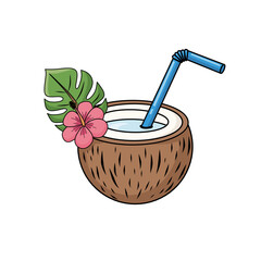 Detailed Cartoon Coconut Cocktail with Flower and Straw Illustration