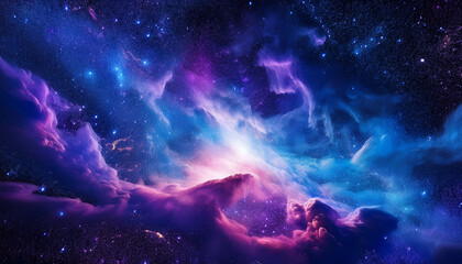 Obraz premium Vast Cosmic Nebula Glowing With Bright Blue And Purple Hues Surrounded By Countless Distant Stars Creating A Mysterious And Awe Inspiring Space Scene