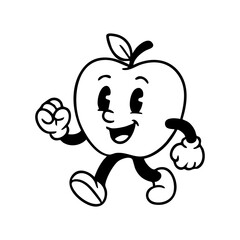 Cartoon apple with simple limbs and a happy expression in a retro style