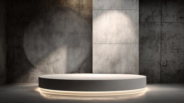 Modern minimalist stage pedestal with dramatic spotlighting and textured concrete backdrop creating an elegant presentation space for product launches or exhibitions