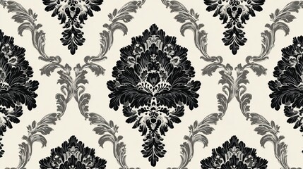 Obraz premium Elegant damask pattern in black and cream offers timeless sophistication for luxurious interiors and classic design projects.