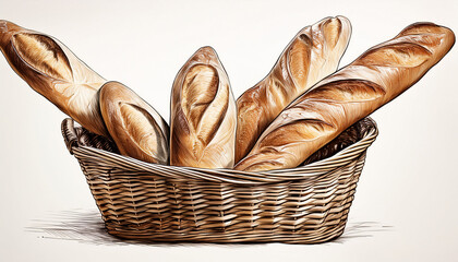 Sketch Of Bread Basket With Four Baguette Loaves