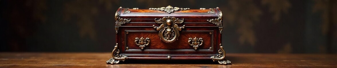 Elegant antique chest jewelry box, intricately carved with floral details, perfect for storing precious keepsakes  Rich mahogany wood, ornate brass hardware, vintage charm ,  rings,  bracelet