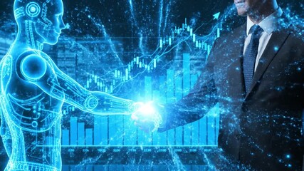 Futuristic robot artificial intelligence businessperson digital handshake technology data finance glowing innovation partnership progress teamwork success, modern analytics growth chart collaboration - Powered by Adobe