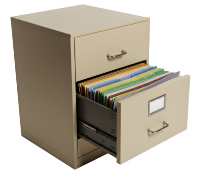 A beige filing cabinet with one drawer pulled out, revealing colorful files, isolated on transparent background