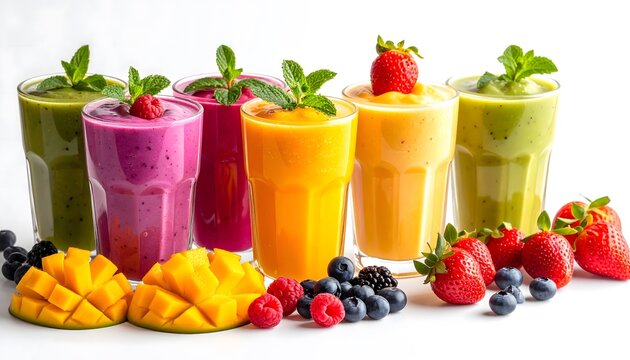 Vasos de batidos de frutas tropicales variados con mango fresa ar&aacute;ndanos frambuesas y menta sobre fondo blanco