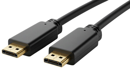Closeup of a black hdmi cable with goldplated connectors, isolated on a transparent background