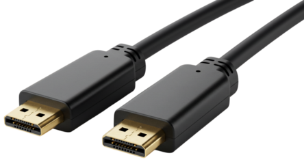 Closeup of a black hdmi cable with goldplated connectors, isolated on a transparent background