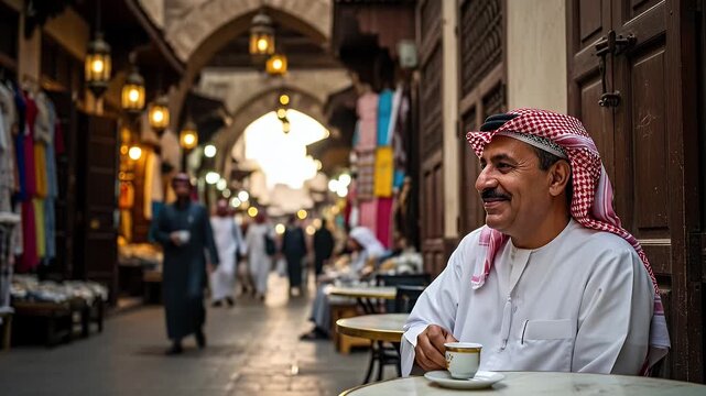 Smiling mature Arab man in traditional clothing enjoying coffee at an outdoor cafe in a bustling old souq