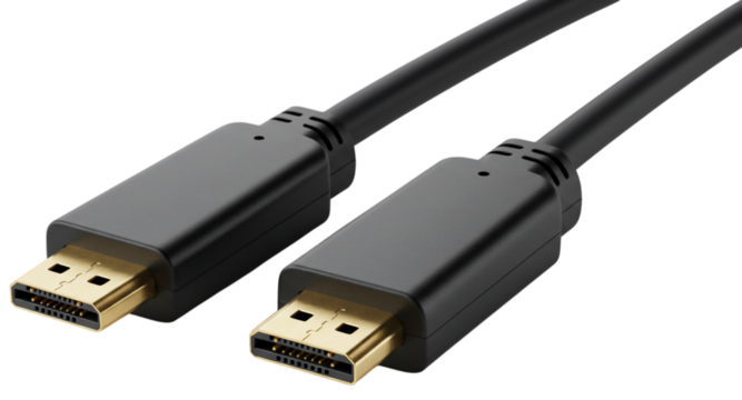 Closeup of a black hdmi cable with goldplated connectors, isolated on a transparent background