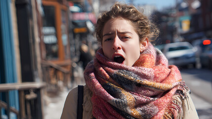 Woman Yawning on a City Street in Winter Sunlight