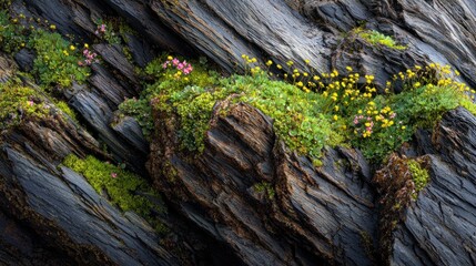 Naklejka premium Moss growing on dark rocks