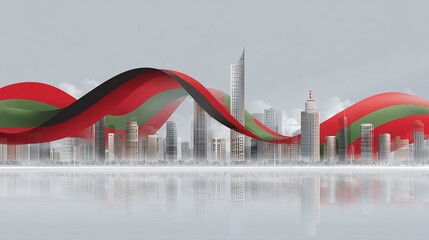 Dynamic cityscape with flowing vibrant red, black, and green ribbon creating modern business and economic growth visuals reflecting success.