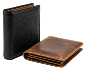 Two leather wallets, one black and one brown, isolated on transparent background
