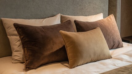Luxurious bed with plush brown and tan accent pillows offering ultimate comfort and elegant bedroom decor inspiration