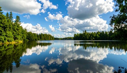 Fototapeta premium Serene lake reflecting sky and trees