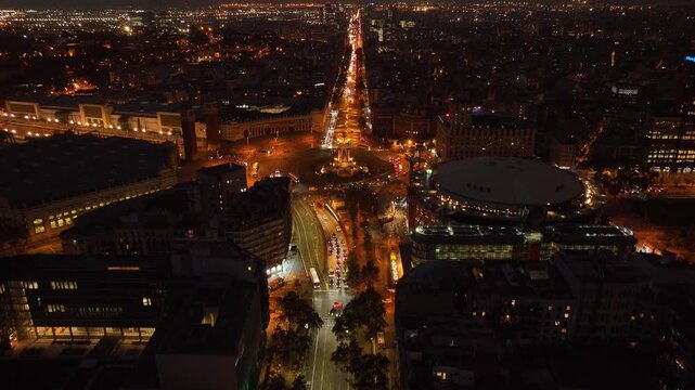 night illumination barcelona city famous palace traffic street square mall exterior aerial topdown panorama 4k spain