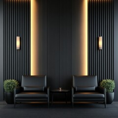 Black Elegance Minimalist Lounge with Accent Lighting, Interior Design , Furniture