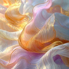 Textura artística de telas onduladas en tonos dorados blancos y lilas con efecto luminoso