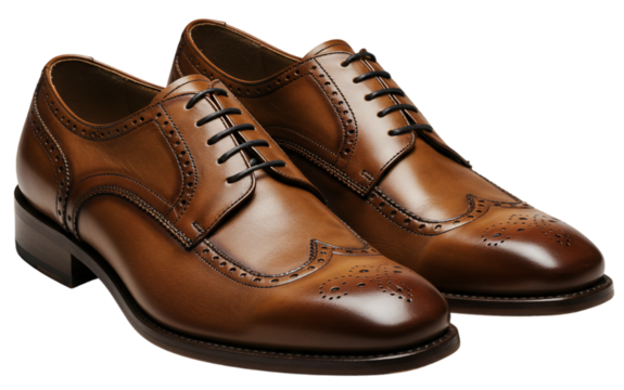 Classic brown leather wingtip brogue oxford shoes for men, isolated on transparent background