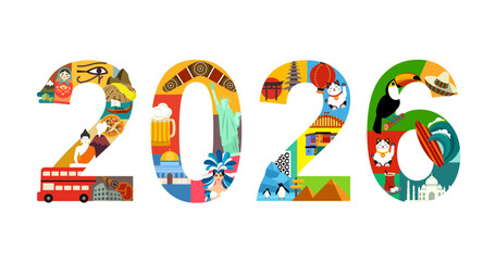 2026 New Year poster with famous world travel destinations