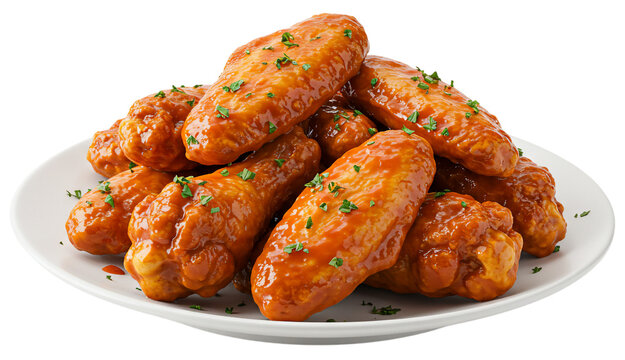Delicious buffalo chicken wings with a spicy glaze, garnished with parsley, isolated on transparent background