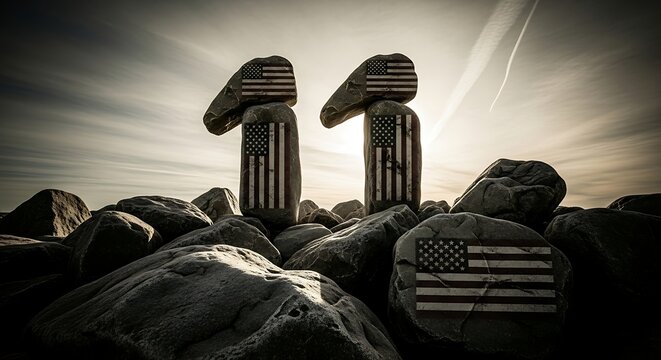 A symbolic tribute with stone flags under a solemn sky for Patriot Day 9/11 remembrance