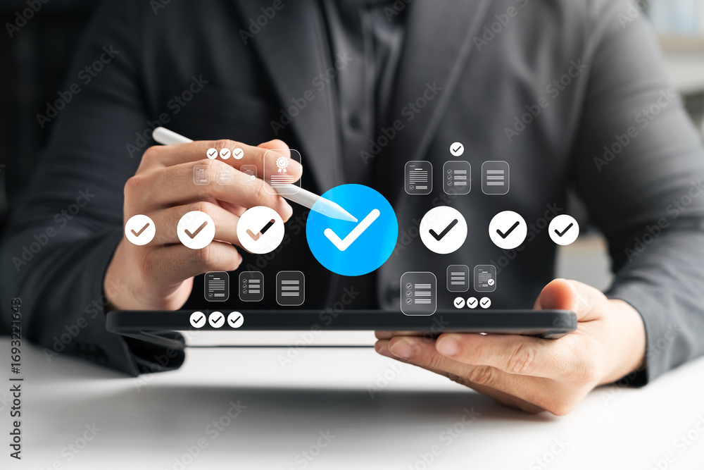 Poster task management concept showing businessman hand using digital tablet with checklist icons and blue 