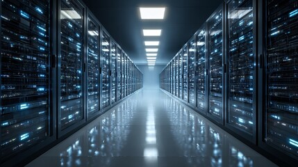 Immersive modern data center server room with rows of glowing blue lights and reflective floor, representing innovation, technology, and digital infrastructure