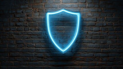 Striking blue neon shield glows intensely on a dark, textured brick wall, symbolizing protection and digital security in a modern, dynamic space.