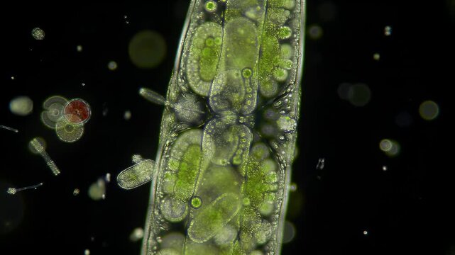 Desmid Algae Filaments Microscopic View on Dark Background Showing Green Chloroplasts and Cellular Detail under Brightfield Illumination for Microbiology and Scientific Studies