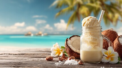 Indulge in a creamy coconut ice cream milkshake on a tropical beach with clear blue water and palm trees, perfect for summer refreshment.