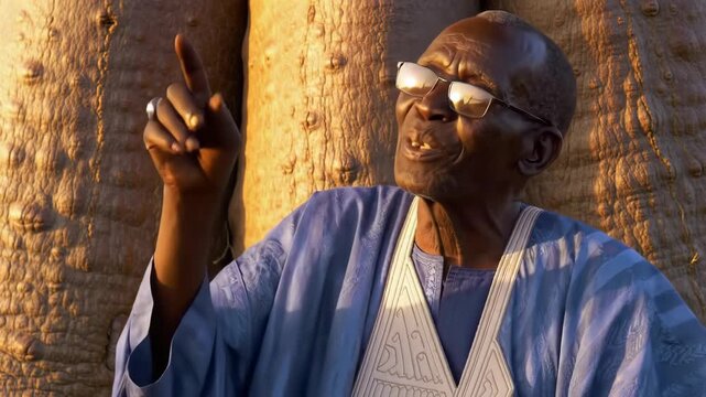 elder in traditional attire shares stories beneath large baobab tree at sunset. cultural tradition, storytelling, education. mali proclamation of independence