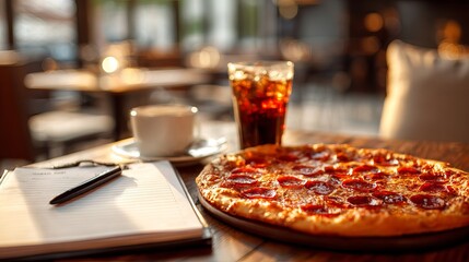 Savoring a delicious pepperoni pizza with a refreshing cola and coffee while planning your next big idea at a cozy cafe table