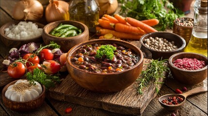 Hearty bowl of delicious homemade bean stew surrounded by fresh ingredients like tomatoes, carrots, onions, garlic, and spices, perfect for cozy meals.