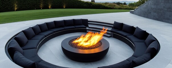 Cozy Outdoor Fire Pit with Circular Sofa and Lush Lawn, Backyard, Patio