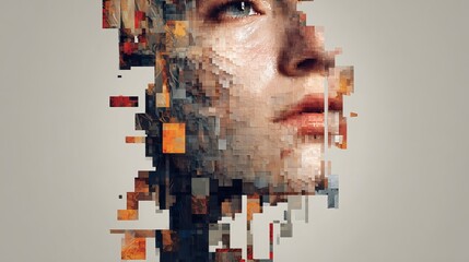 Captivating abstract portrait of a woman's face dissolving into digital pixels, representing identity, technology, and transformation