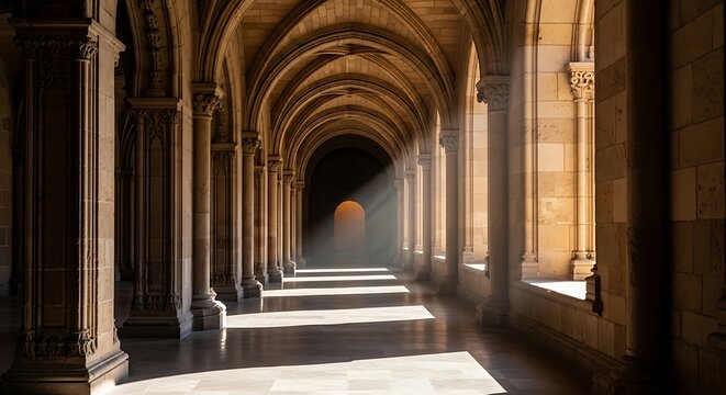 Sunlit Arched Hallway in a Historic Building.