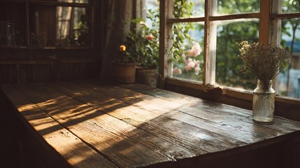 Warm sunlight streams across rustic wooden table near vintage window with blooming flowers creating a serene, cozy atmosphere
