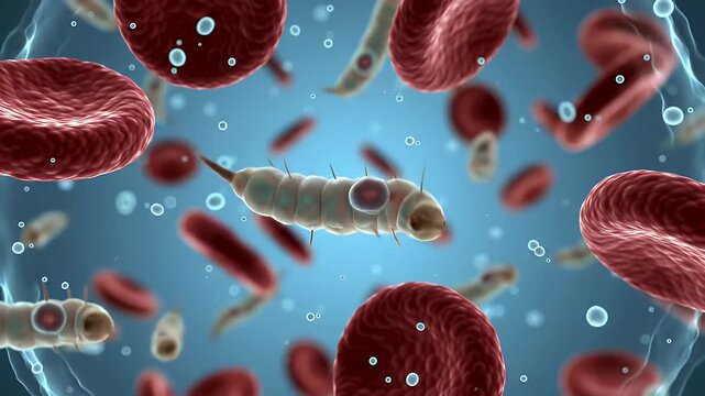Detailed Microscopic View of Trypanosoma Parasites with Red Blood Cells and Aquatic Environment in Light Blue Background for Medical Illustration and Education Animation