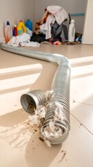 A metal vacuum hose lies on a light-colored floor, clogged with debris.  Laundry and cleaning supplies are visible in the background