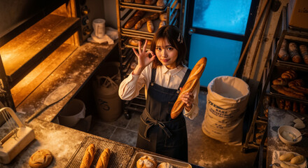 Proud Asian baker holding a fresh baguette and making an okay sign. Professional woman working in her small business bakery.